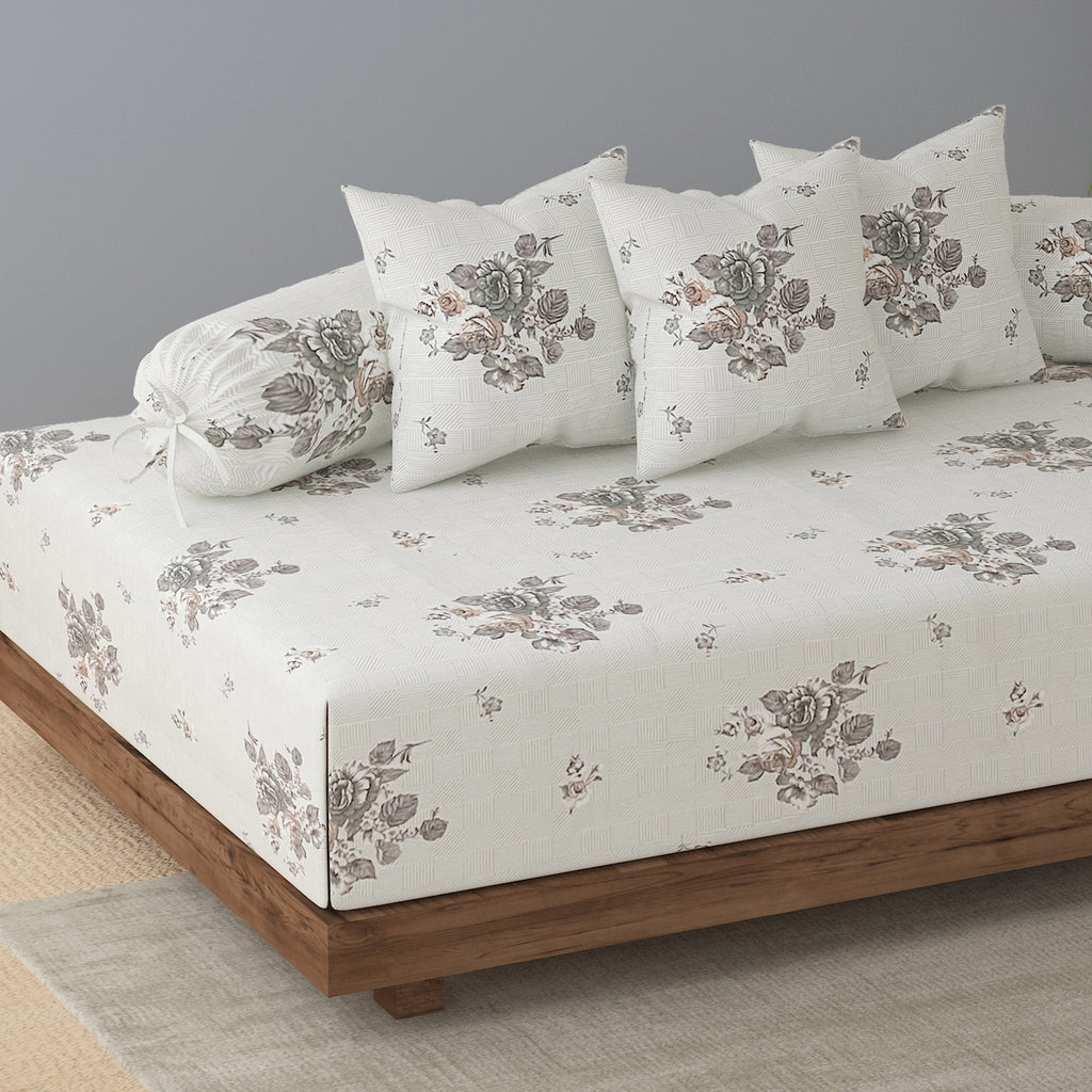 Premium 6 Pcs Pure Cotton Quilted Diwan Set – Grey Floral Design
