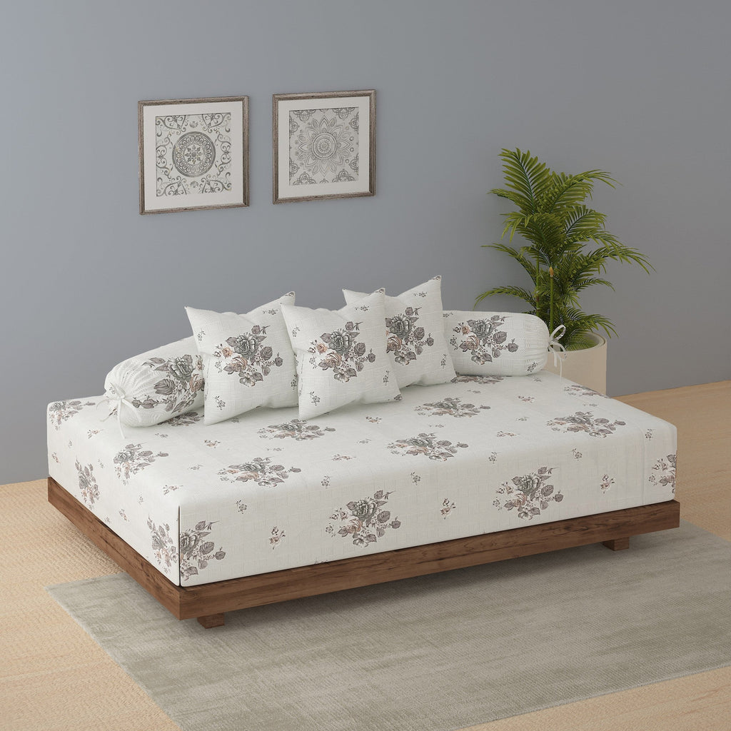 Premium 6 Pcs Pure Cotton Quilted Diwan Set – Grey Floral Design