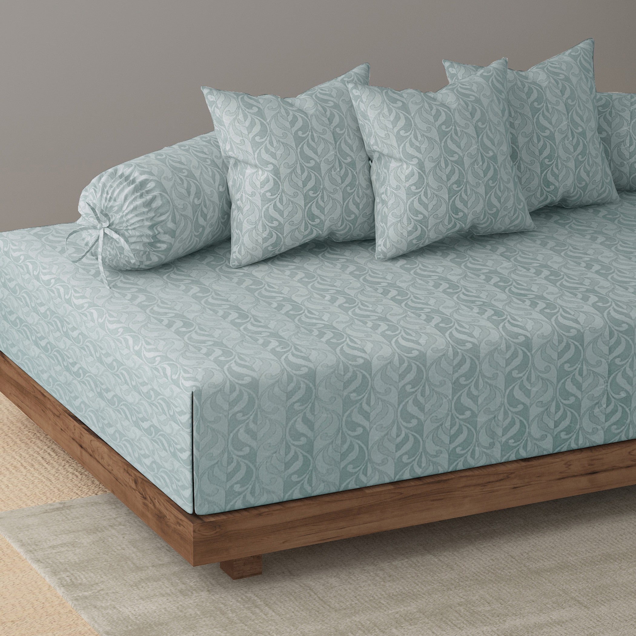 Premium 6 Pcs Pure Cotton Quilted Diwan Set – Blue Abstract Design