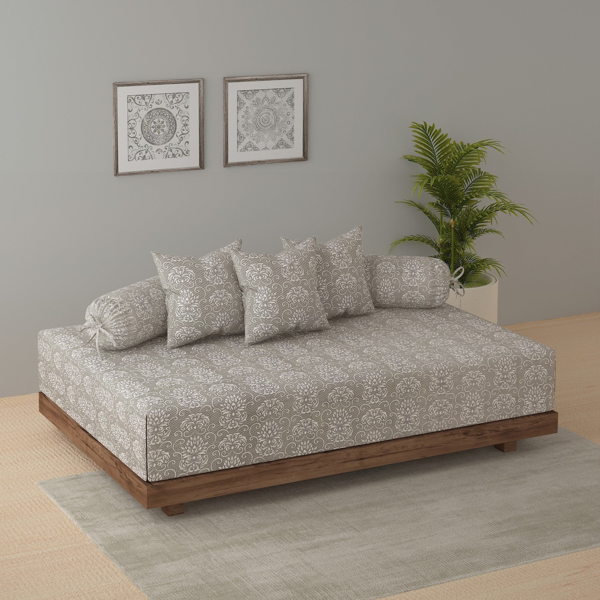 Premium 6 Pcs Quilted Diwan Set with 100% Cotton Fabric – Classic Grey abstract