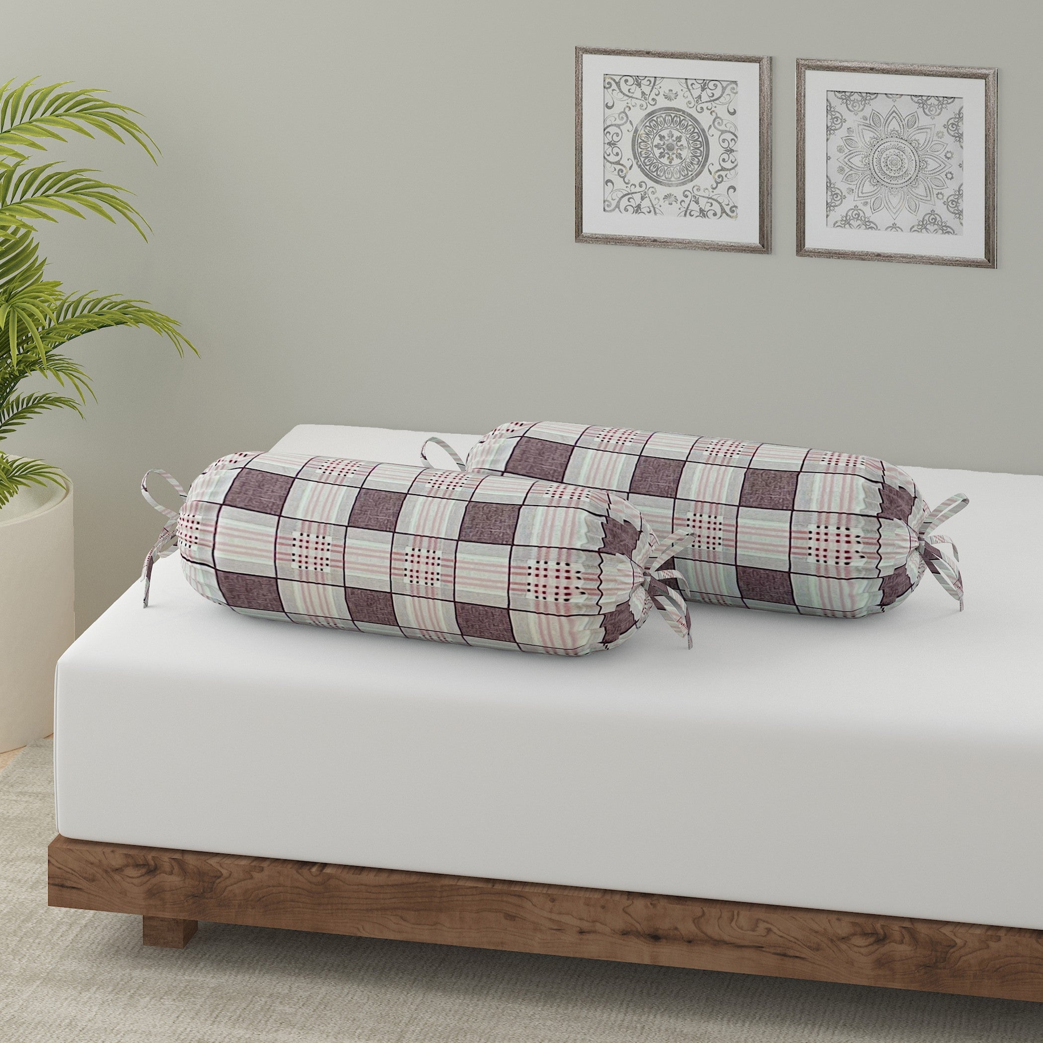 Swayam Checked Printed Cotton Diwan Set - Brown & Beige