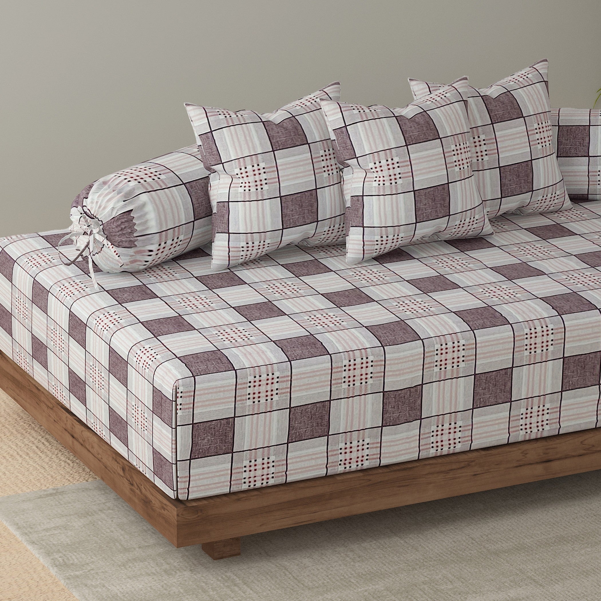 Swayam Checked Printed Cotton Diwan Set - Brown & Beige