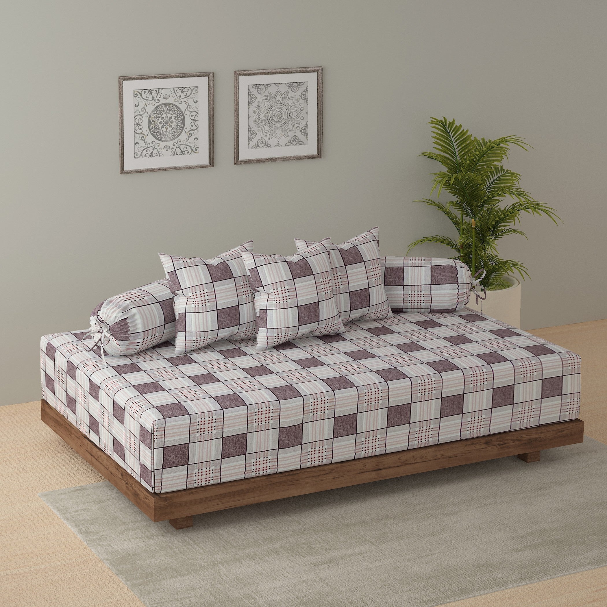 Swayam Checked Printed Cotton Diwan Set - Brown & Beige