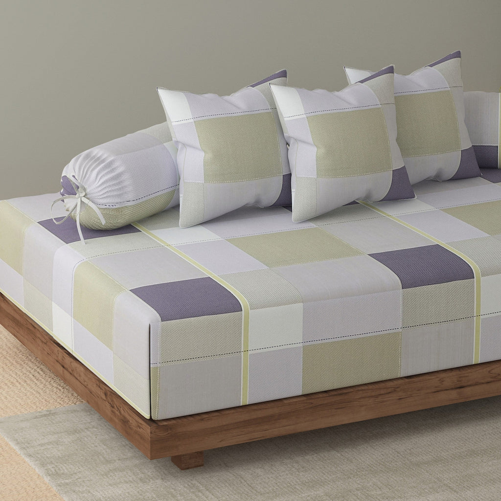 Swayam Checked Printed Cotton Diwan Set - Grey, Sage Green & Lavender