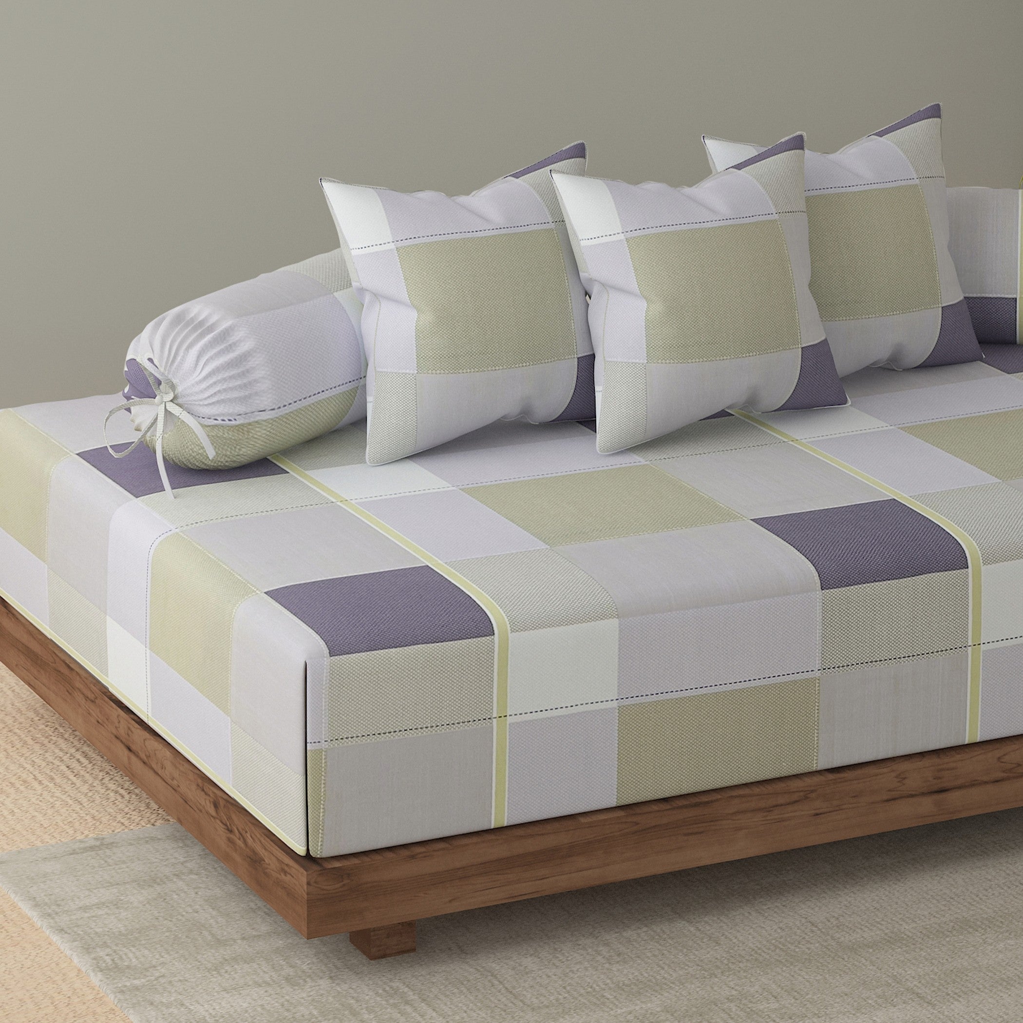 Swayam Checked Printed Cotton Diwan Set - Grey, Sage Green & Lavender