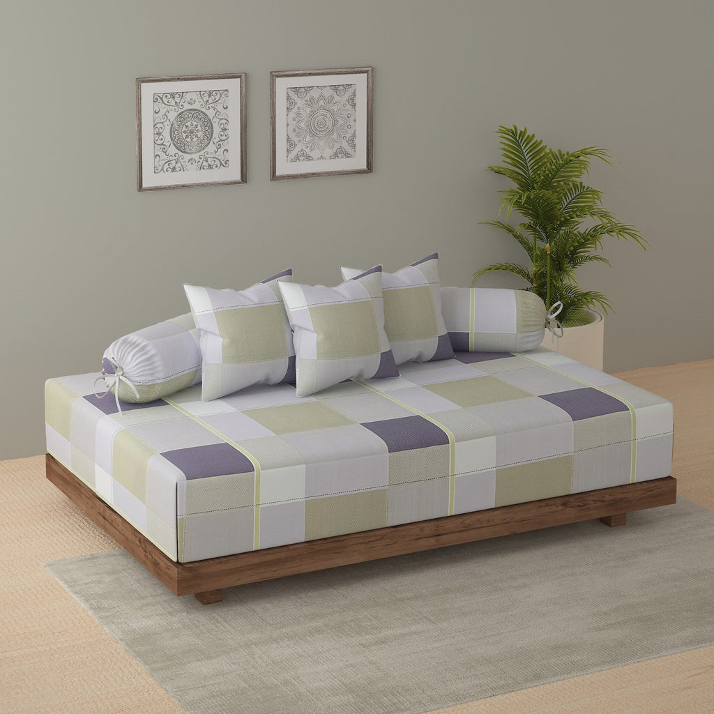 Swayam Checked Printed Cotton Diwan Set - Grey, Sage Green & Lavender