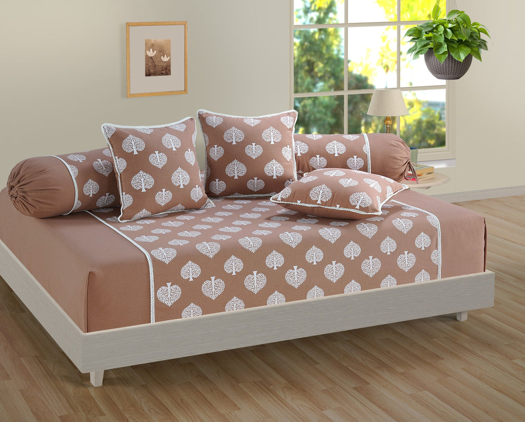 Ethnic Brown Cotton Diwan Set with Tree Motif - 6 Pcs Traditional Diwan Bedding Set