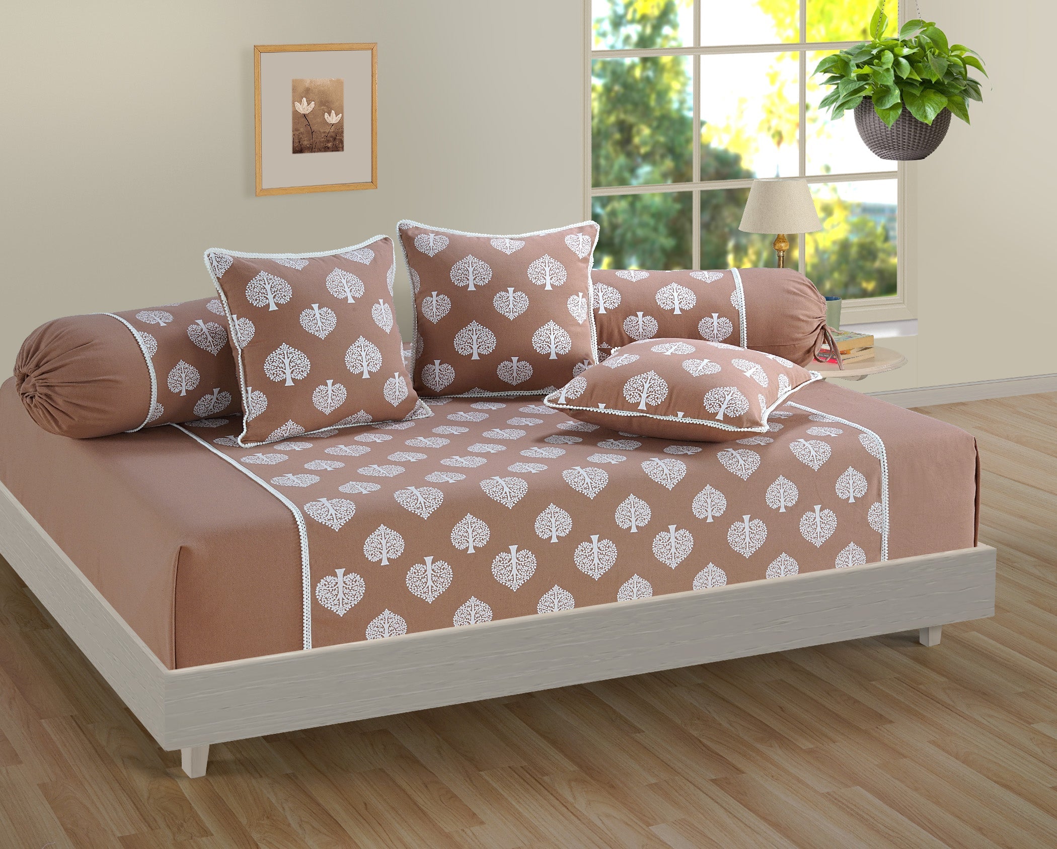 Ethnic Brown Cotton Diwan Set with Tree Motif - 6 Pcs Traditional Diwan Bedding Set