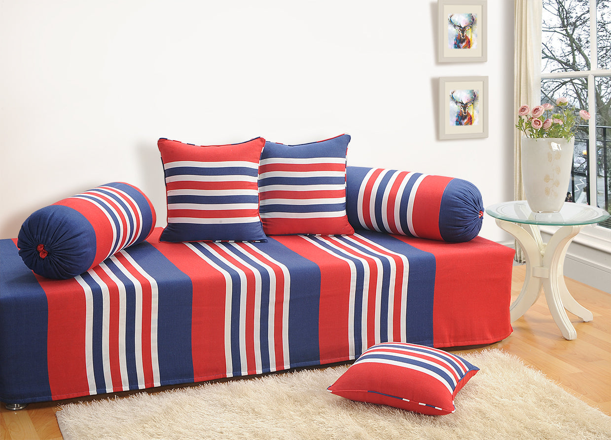 Classic Red & Blue Striped Cotton Diwan Set - 6 Pcs Modern Living Room Diwan Bedding