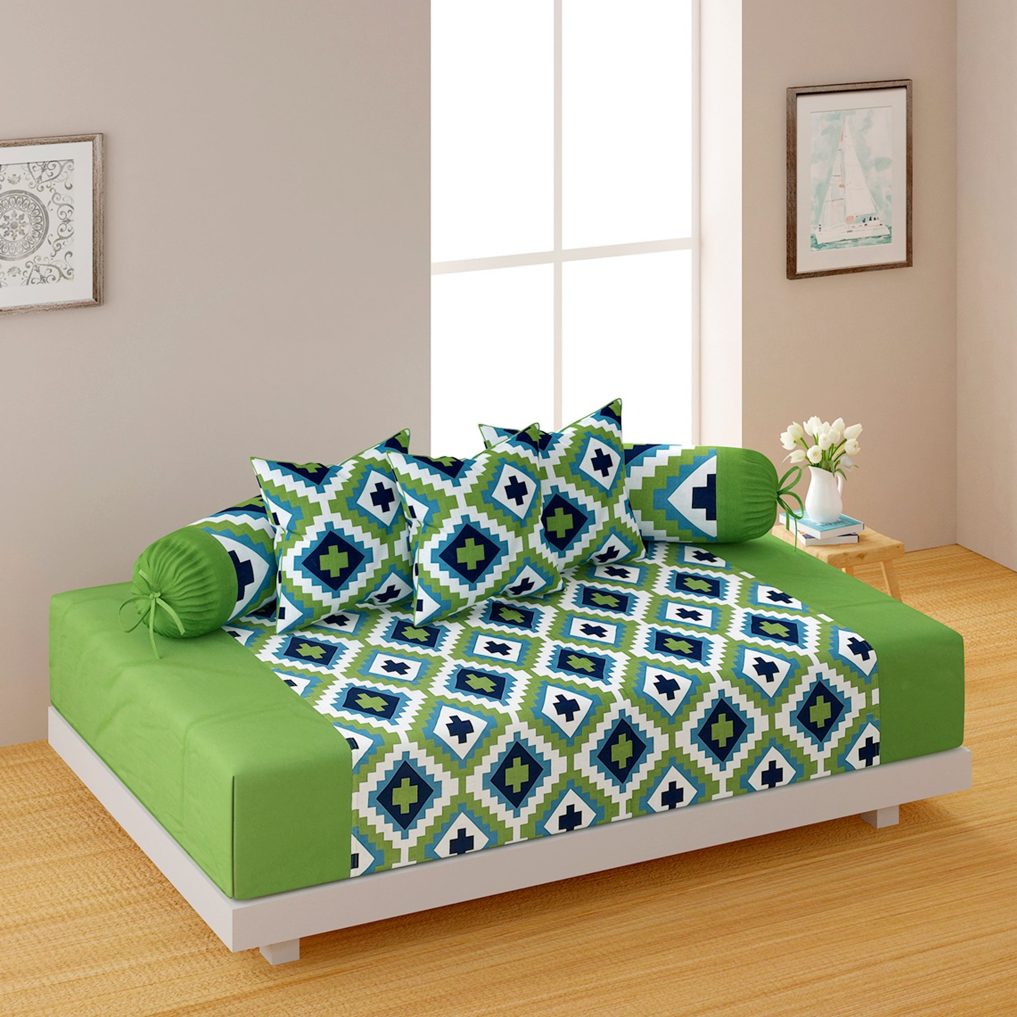 Modern Green Geometric Cotton Diwan Set - 6 Pcs Stylish Living Room Diwan Bedding