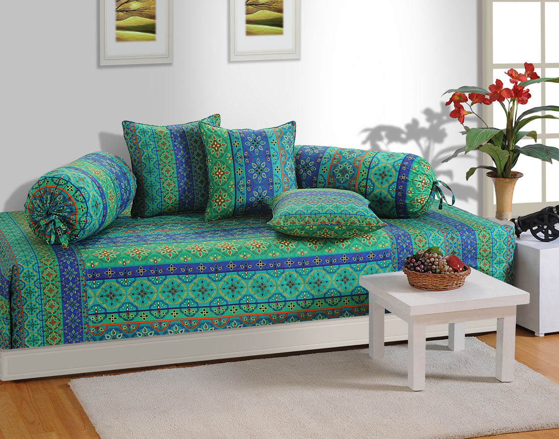 Premium 6 Pcs Pure Cotton Diwan Set – Blue Ethnic Motif Print