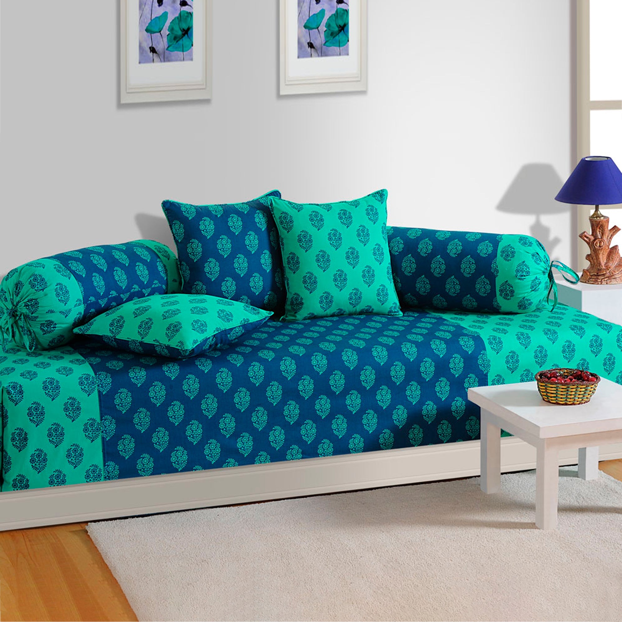 Premium 6 Pcs Pure Cotton Diwan Set – Blue & Aqua Ethnic Motif Design