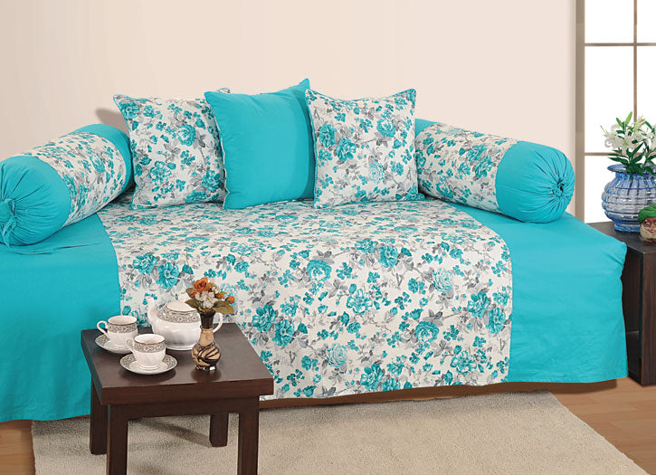 Premium 6 Pcs Pure Cotton Quilted Diwan Set – Turquoise Floral Design