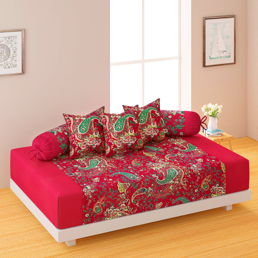 Premium 6 Pcs Pure Cotton Quilted Diwan Set – Red Floral Paisley Design