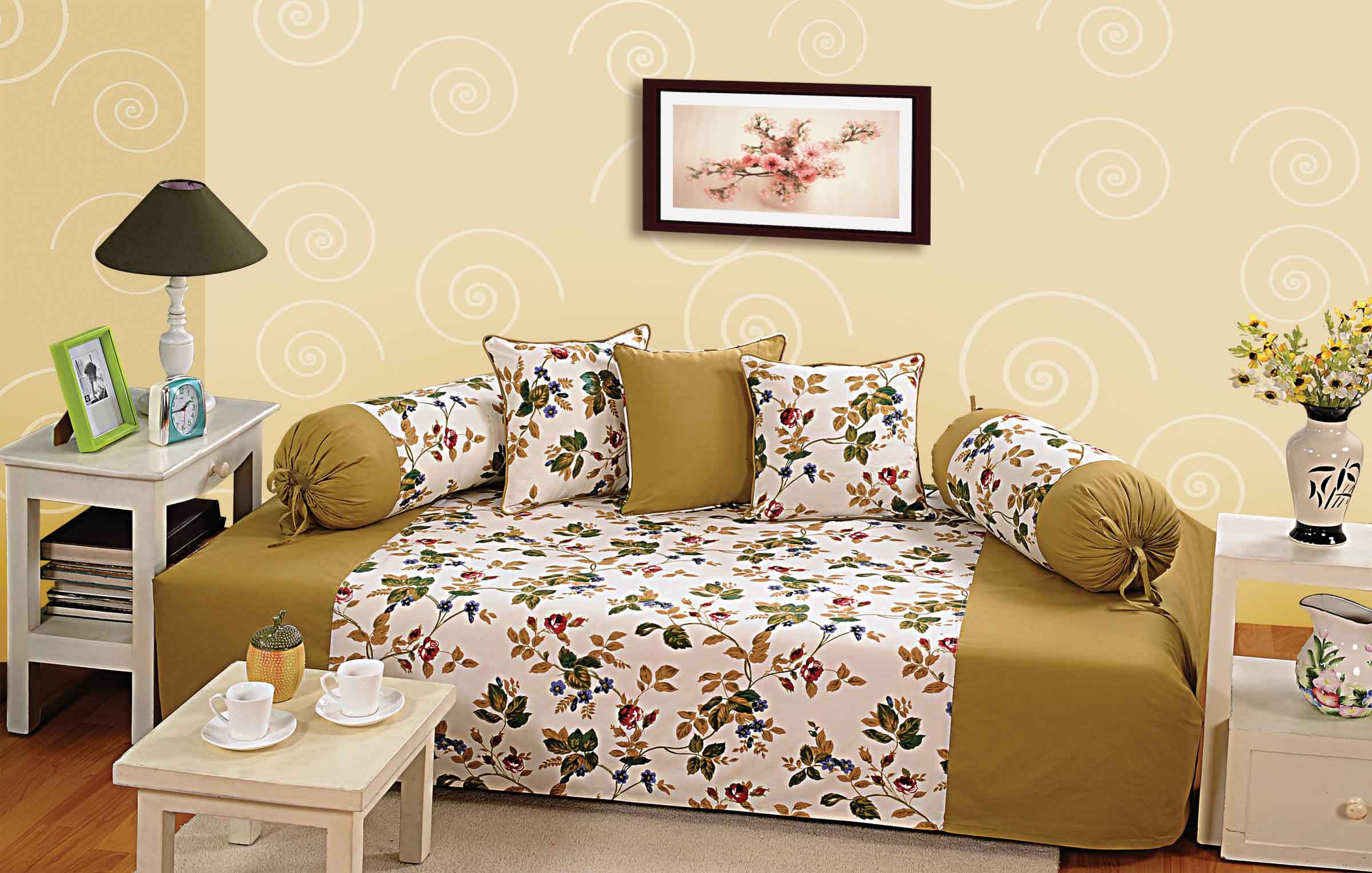Premium 6 Pcs Pure Cotton Diwan Set – Green & Multicolour Floral Print