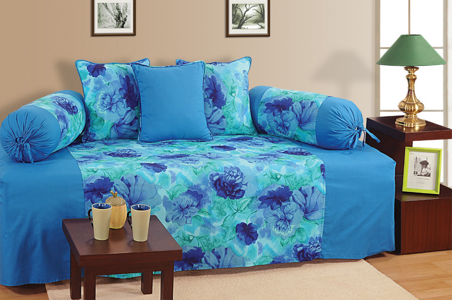 Premium 6 Pcs Pure Cotton Quilted Diwan Set – Blue Floral Design