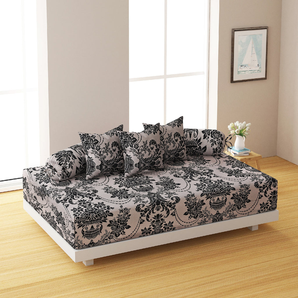Swayam Floral Printed Cotton Diwan Set - Black & Off-White