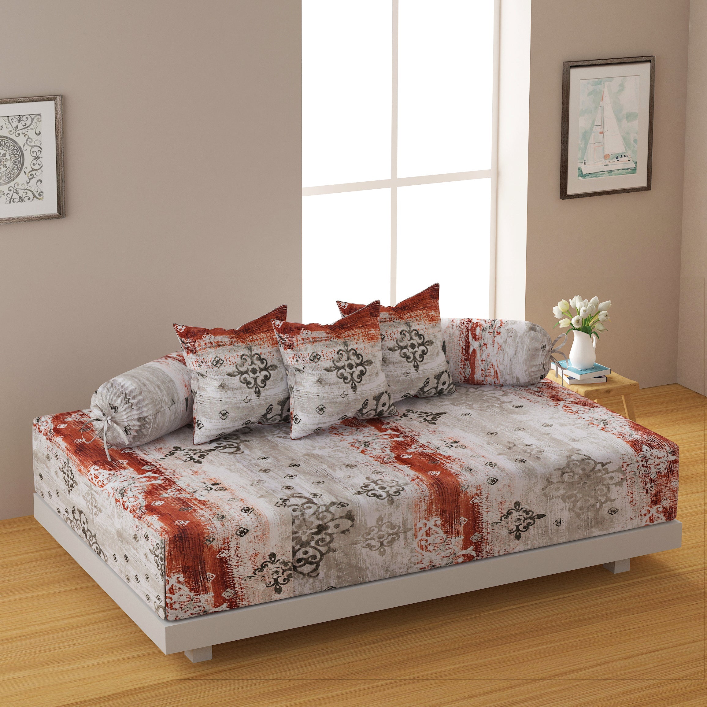 Swayam Abstract Printed Cotton Diwan Set - Rust & Grey