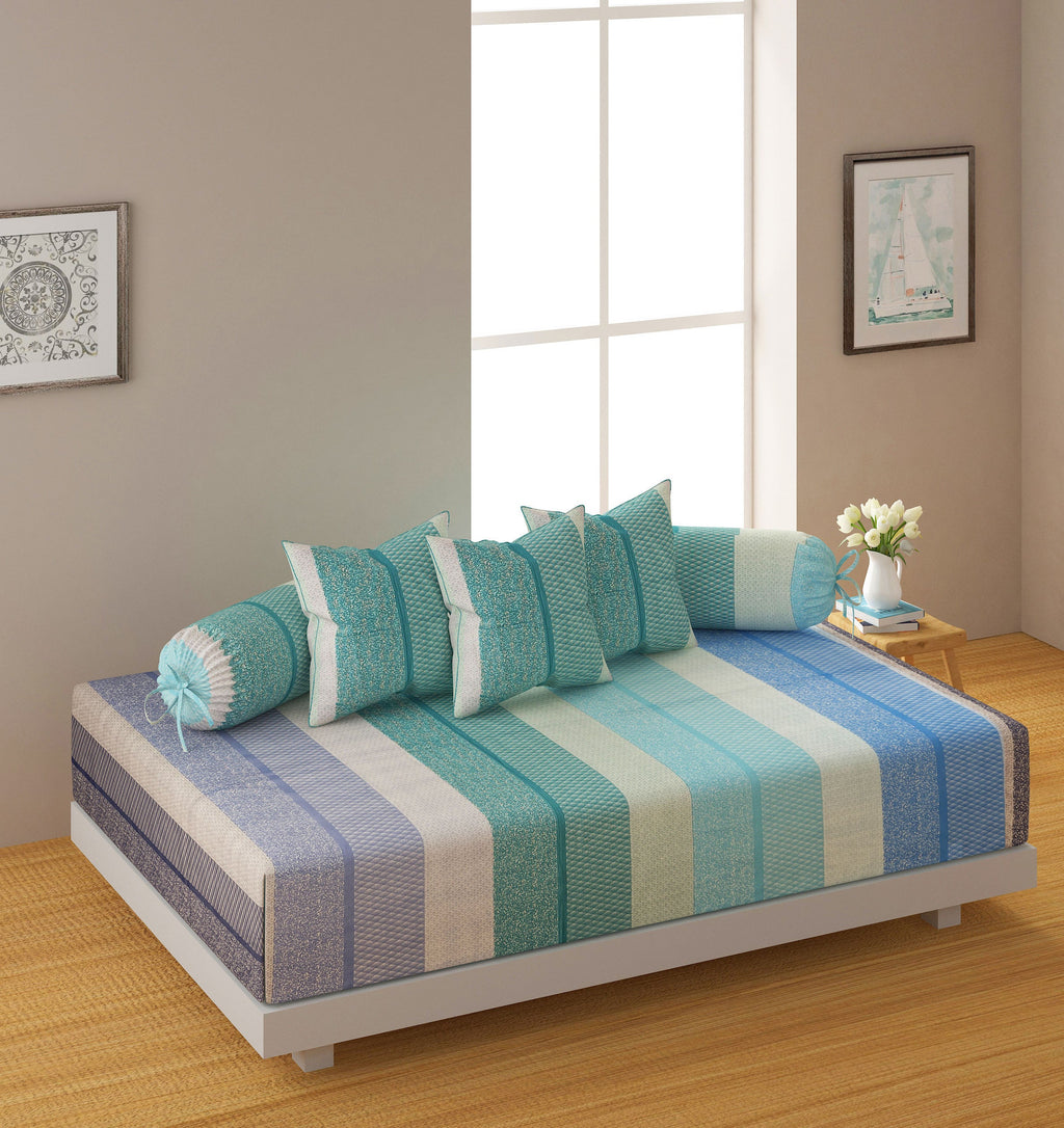 Premium 6 Pcs Pure Cotton Quilted Diwan Set – Blue Striped Design