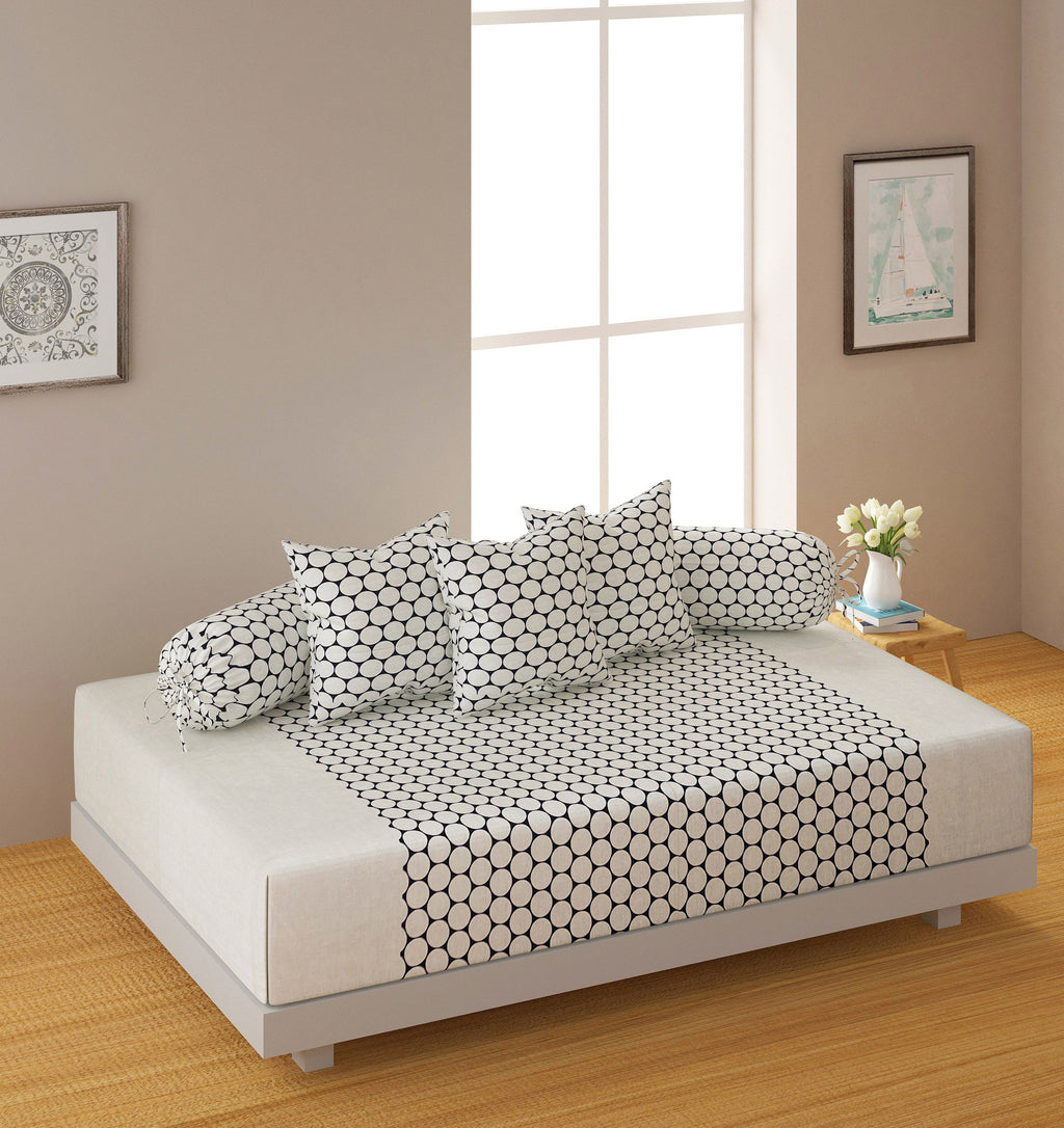 Classic Black & White Polka Dot Cotton Diwan Set - 6 Pcs Elegant Living Room Diwan Bedding
