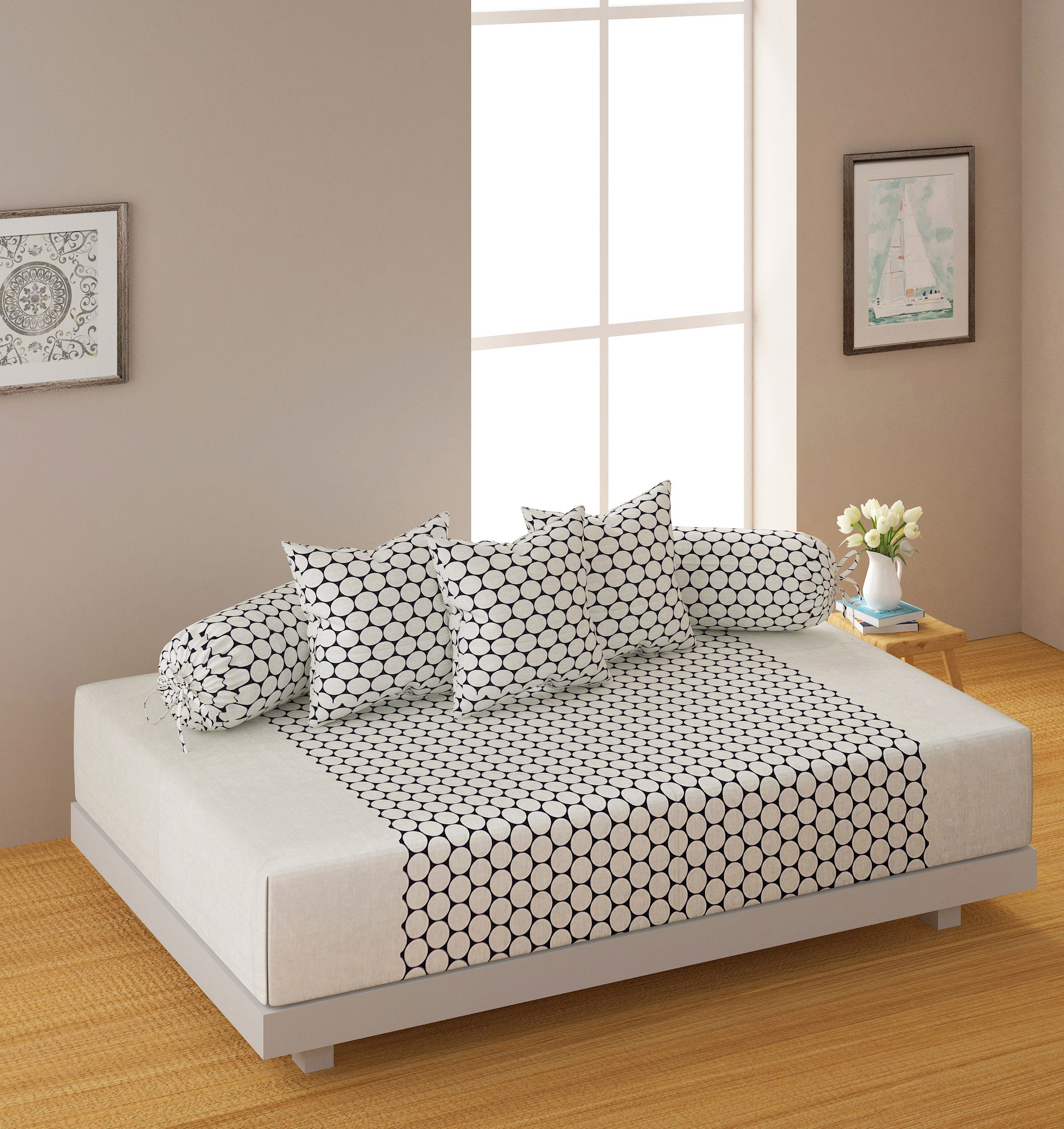 Classic Black & White Polka Dot Cotton Diwan Set - 6 Pcs Elegant Living Room Diwan Bedding