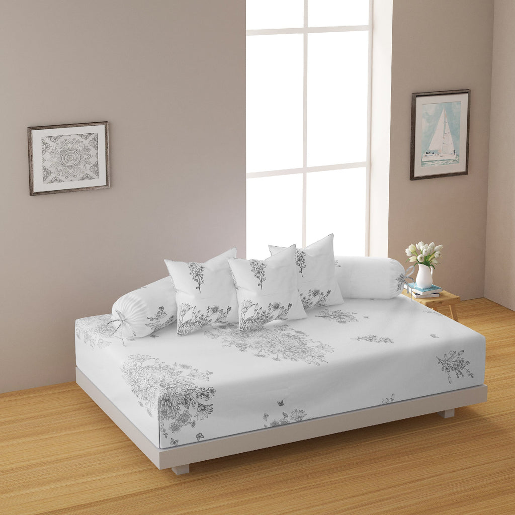 Premium Cotton Printed Diwan Set – White Botanical Floral Motif Design