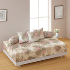 Premium 6 Pcs Pure Cotton Diwan Set – Beige Floral Print