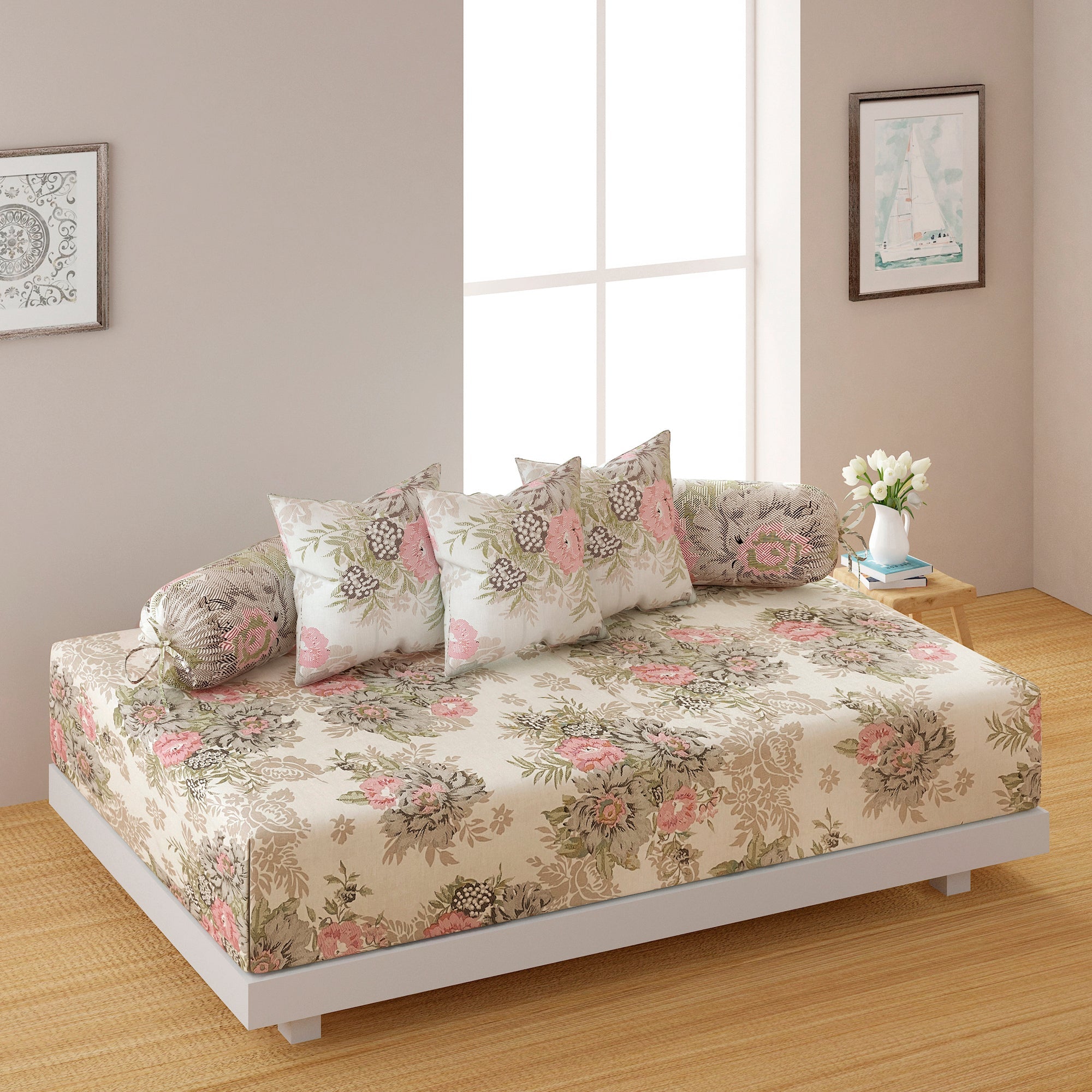 Premium 6 Pcs Pure Cotton Diwan Set – Beige Floral Print