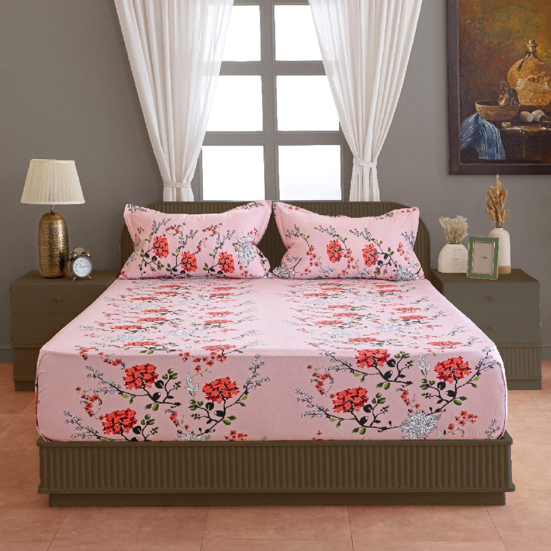 Pink Floral Print Pure Cotton 120 TC Super King Bedsheet with 2 Pillow Covers (108x108 Inches)