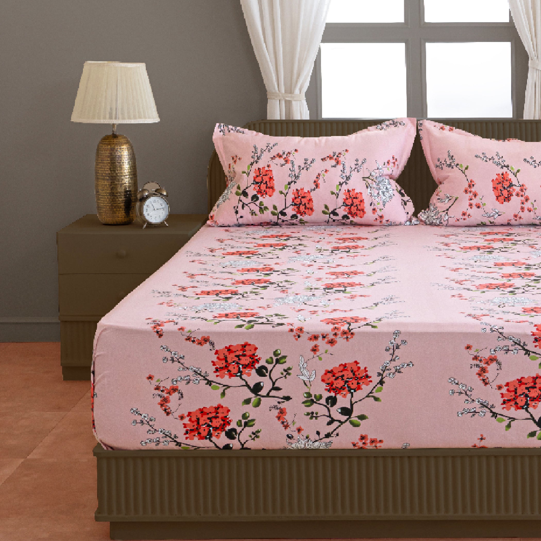 Pink Floral Print Pure Cotton 120 TC Super King Bedsheet with 2 Pillow Covers (108x108 Inches)