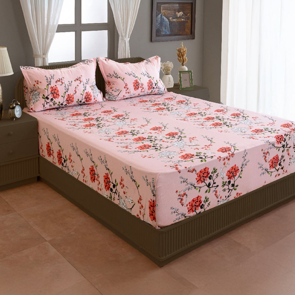 Pink Floral Print Pure Cotton 120 TC Super King Bedsheet with 2 Pillow Covers (108x108 Inches)