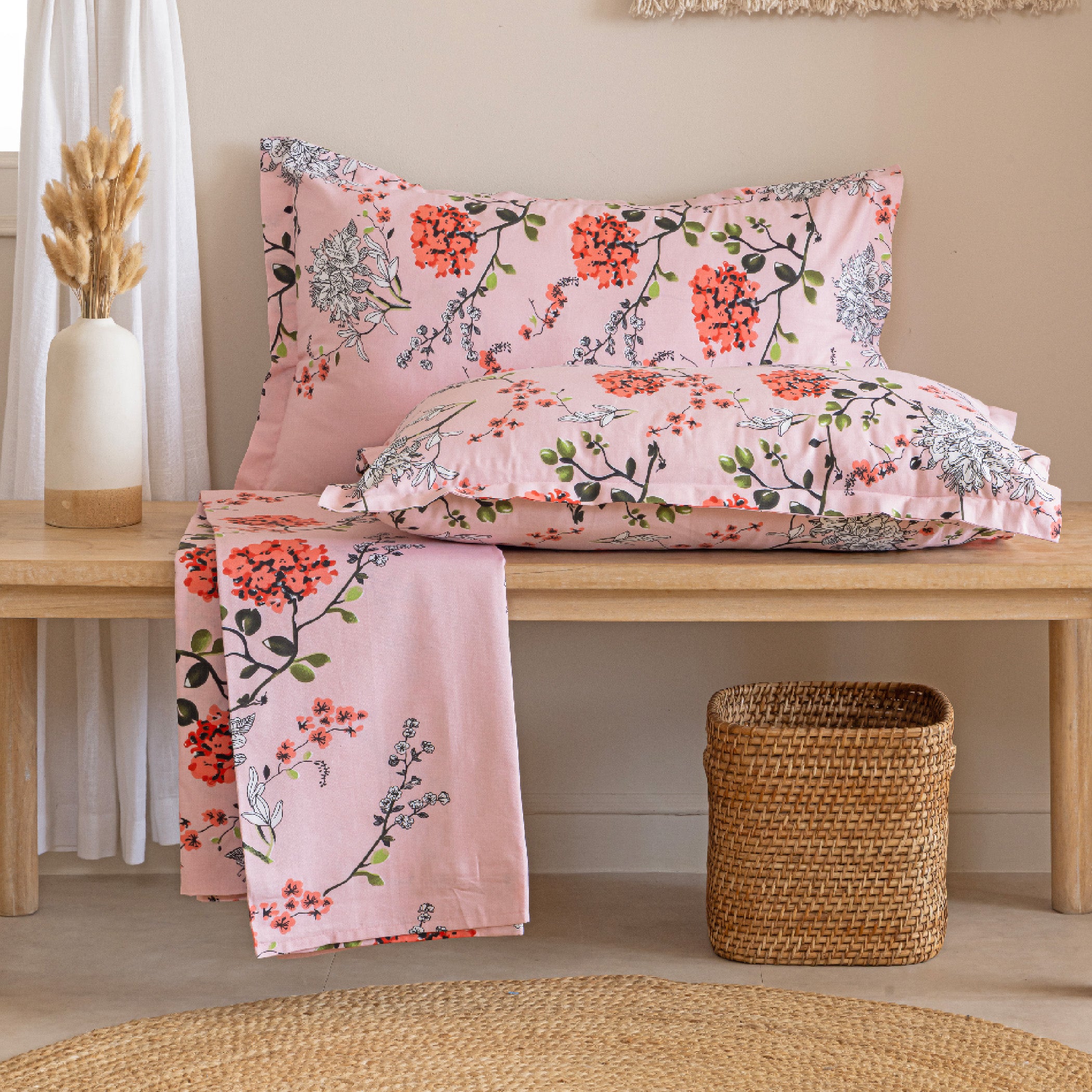 Pink Floral Print Pure Cotton 120 TC Super King Bedsheet with 2 Pillow Covers (108x108 Inches)