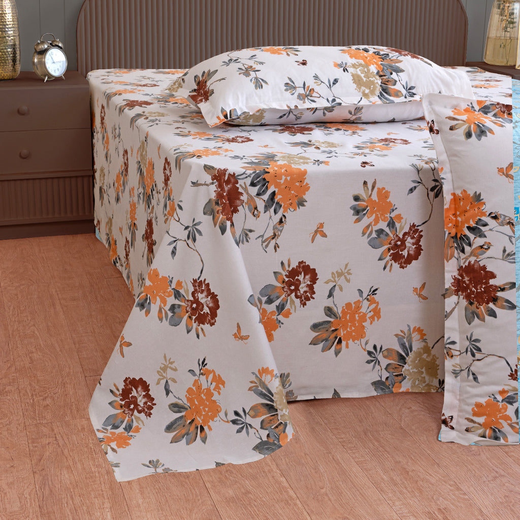 Grey Floral Vine Pure Cotton 210 TC Double King Bedsheet with 2 Pillow Covers (90x108 Inches)