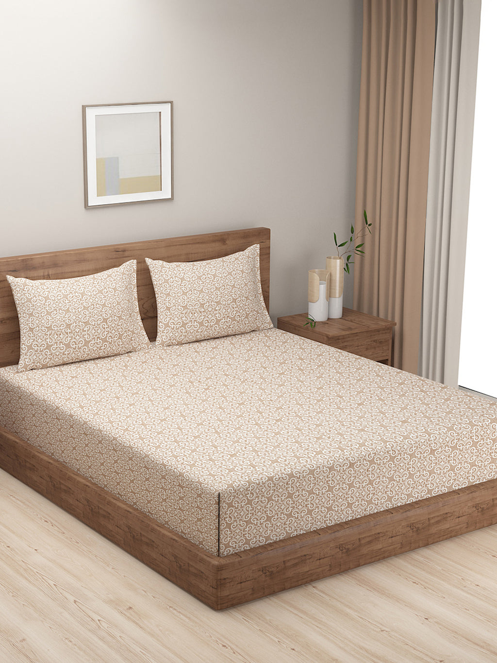 Ornamental Swirl Beige 210 TC Pure Cotton Super King Bedsheet with 2 Pillow Covers (108 x 108 Inches)