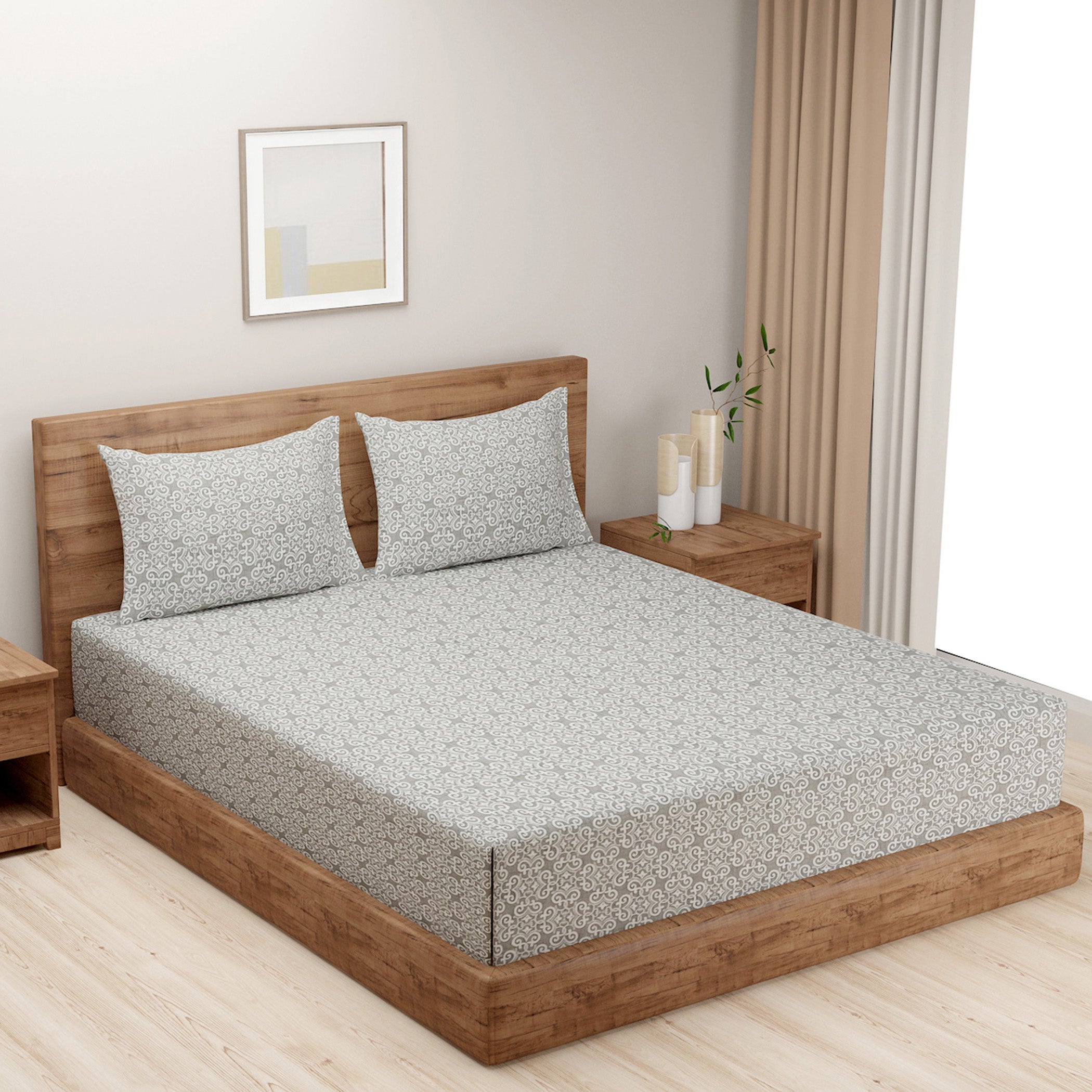 Elegant Grey Damask Pure Cotton 210 TC Super King Bedsheet with 2 Pillow Covers (108x108 Inches)