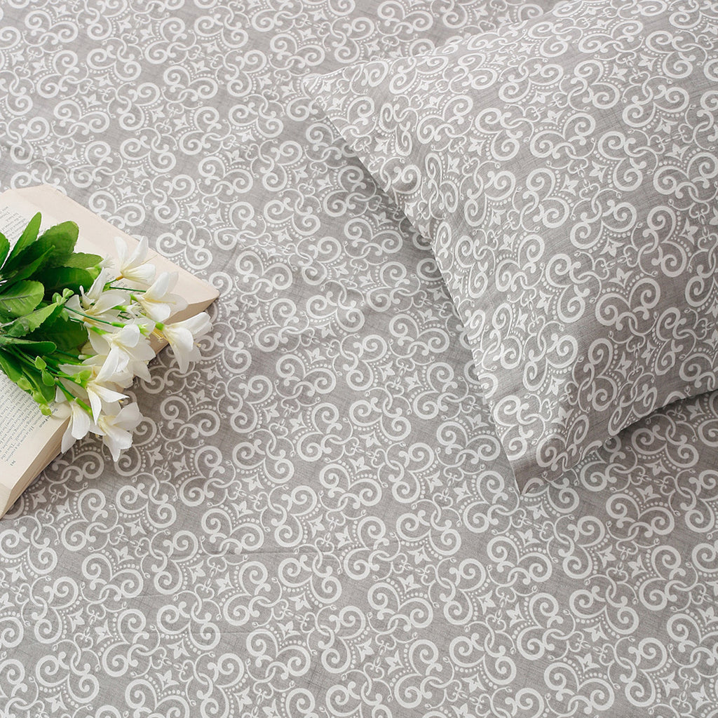 Elegant Grey Damask Pure Cotton 210 TC Super King Bedsheet with 2 Pillow Covers (108x108 Inches)