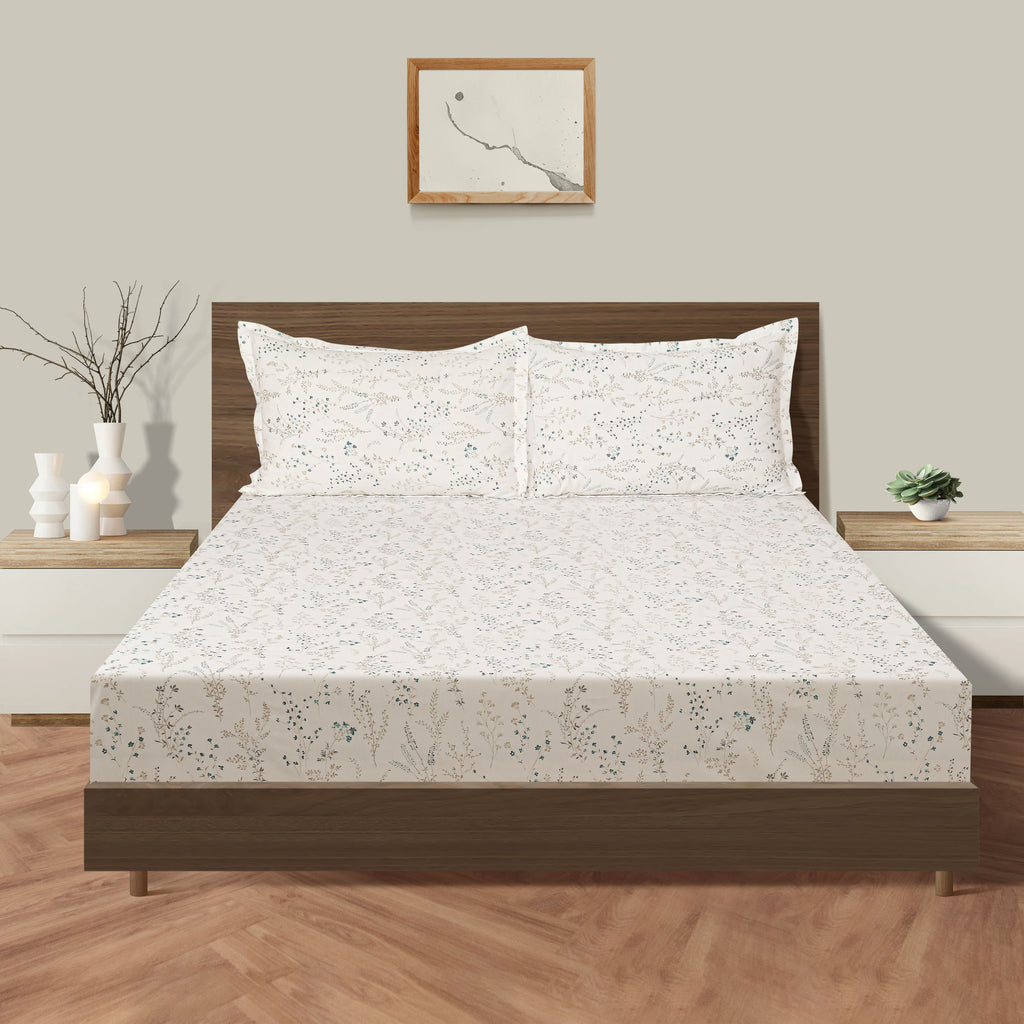 Minimal Botanical Off White 210 TC Pure Cotton Super King Bedsheet with 2 Pillow Covers (108 x 108 Inches)