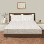 Minimal Botanical Off White 210 TC Pure Cotton Super King Bedsheet with 2 Pillow Covers (108 x 108 Inches)