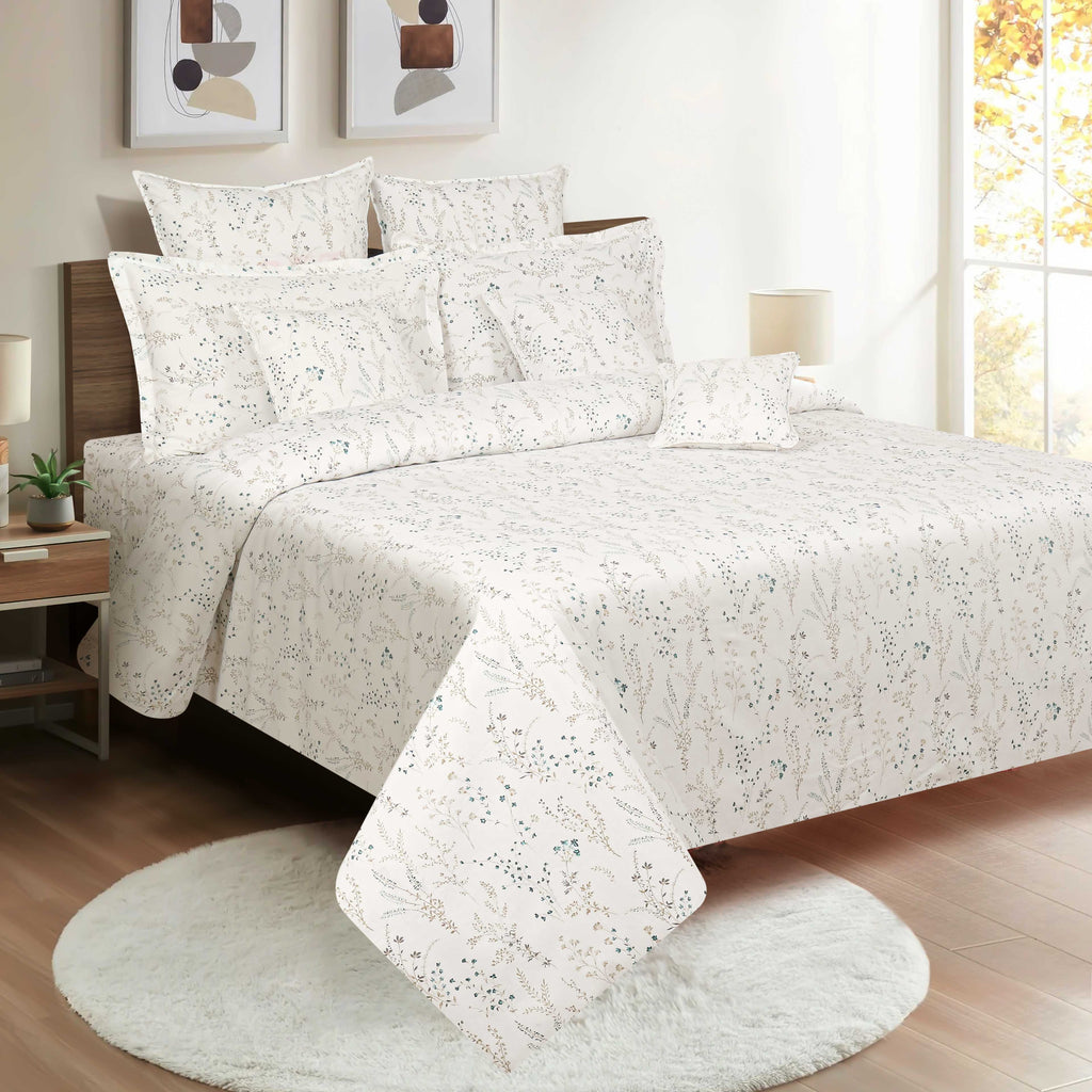 Minimal Botanical Off White 210 TC Pure Cotton Super King Bedsheet with 2 Pillow Covers (108 x 108 Inches)