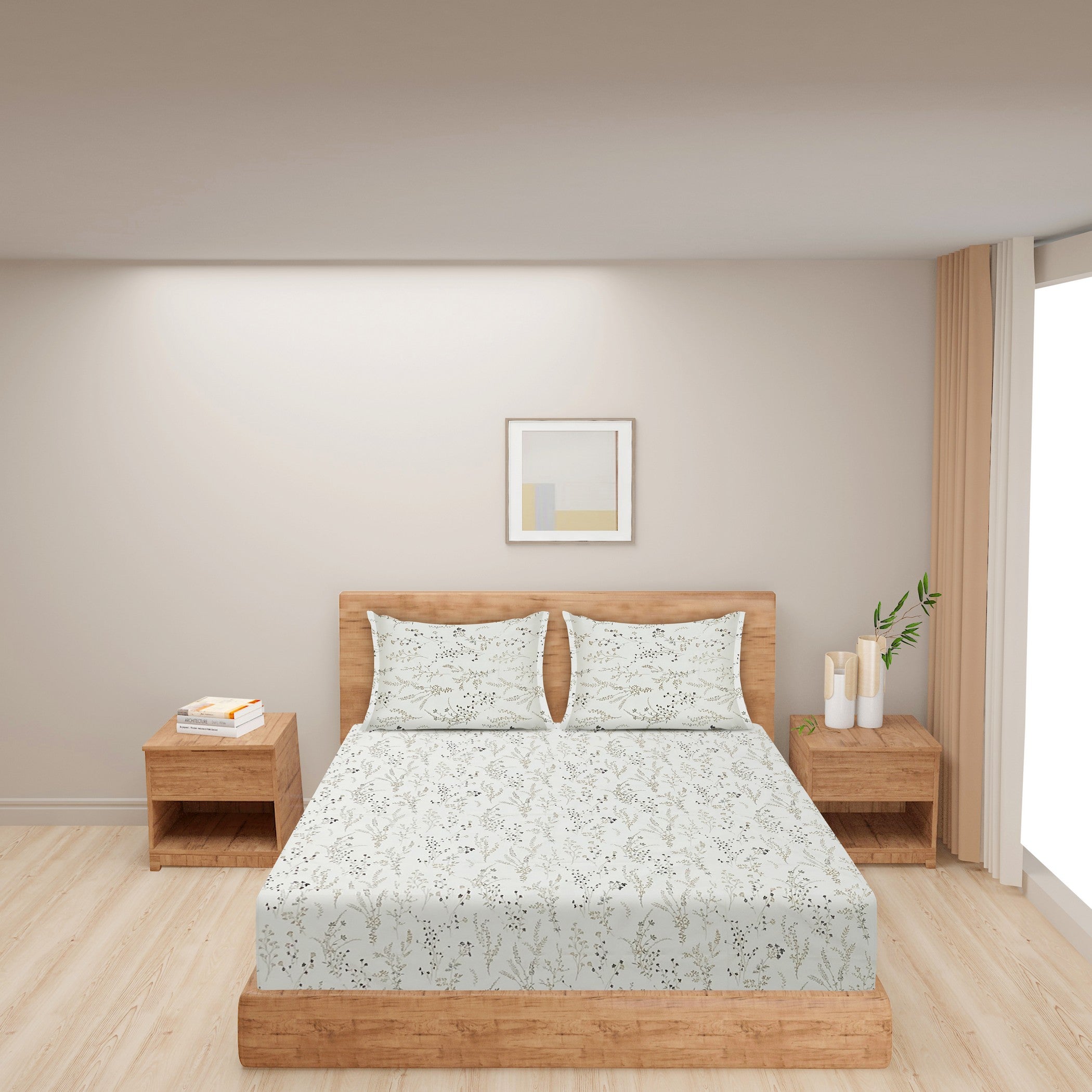 Elegant Ivory Botanical Pure Cotton 210 TC Super King Bedsheet with 2 Pillow Covers (108x108 Inches)