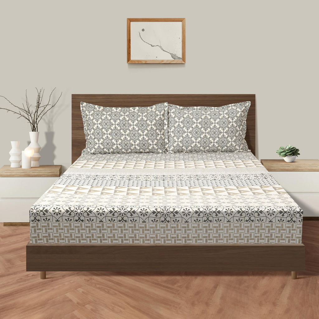 Ivory & Grey Geometric Pure Cotton 210 TC Super King Bedsheet with 2 Pillow Covers (108x108 Inches)
