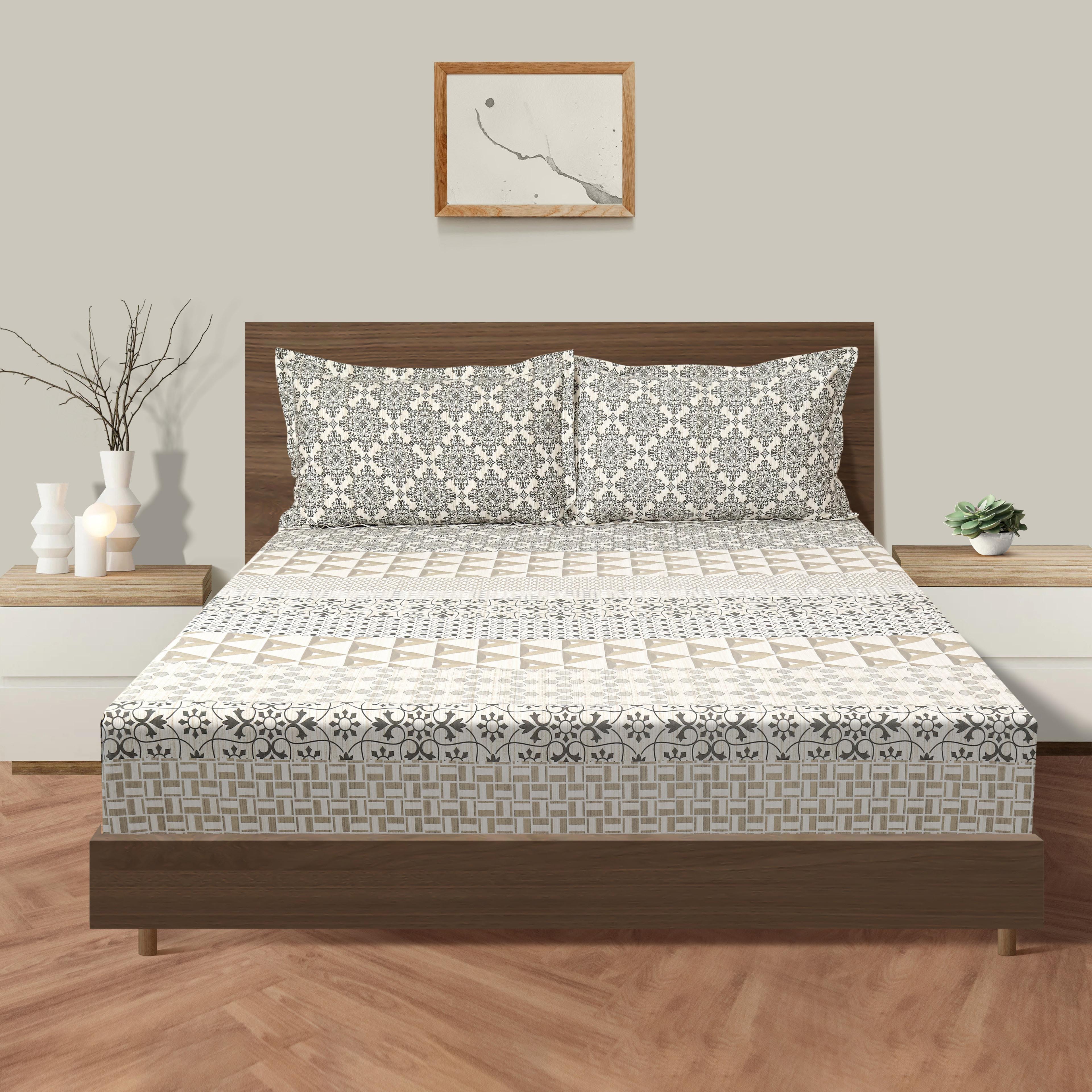 Ivory & Grey Geometric Pure Cotton 210 TC Super King Bedsheet with 2 Pillow Covers (108x108 Inches)