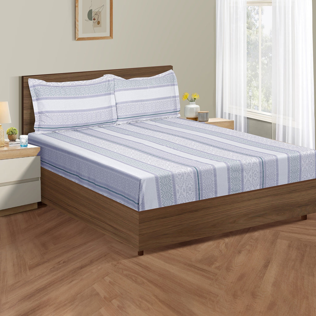 Elegant Blue & Beige Striped Ethnic Pure Cotton 210 TC Super King Bedsheet with 2 Pillow Covers (108x108 Inches)