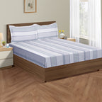 Elegant Blue & Beige Striped Ethnic Pure Cotton 210 TC Super King Bedsheet with 2 Pillow Covers (108x108 Inches)