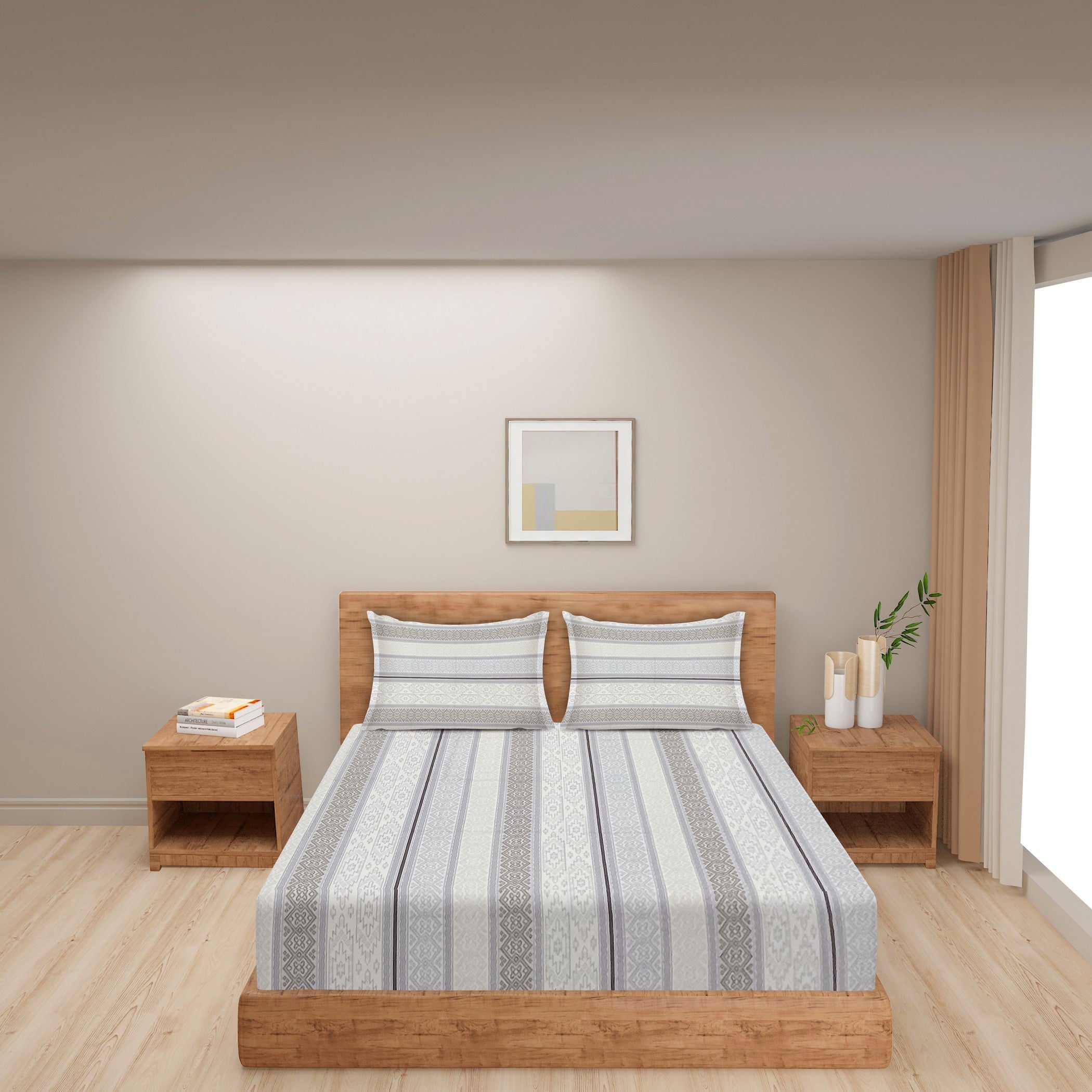 Elegant Blue & Beige Striped Ethnic Pure Cotton 210 TC Super King Bedsheet with 2 Pillow Covers (108x108 Inches)