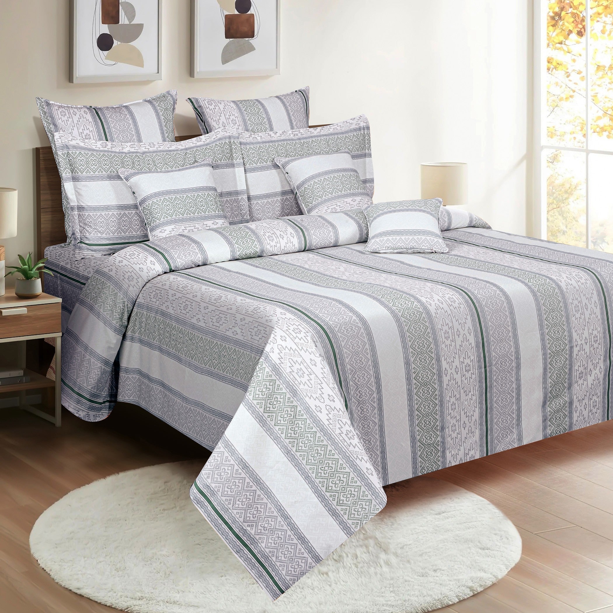 Elegant Blue & Beige Striped Ethnic Pure Cotton 210 TC Super King Bedsheet with 2 Pillow Covers (108x108 Inches)
