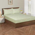 Elegant Sage Green Botanical Pure Cotton 210 TC King Fitted Bedsheet with 2 Pillow Covers (72x78x10 Inches)