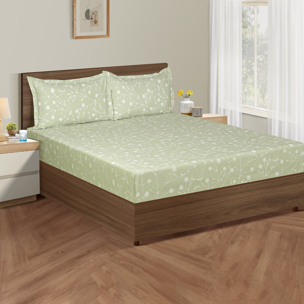 Elegant Sage Green Botanical Pure Cotton 210 TC Super King Bedsheet with 2 Pillow Covers (108x108 Inches)