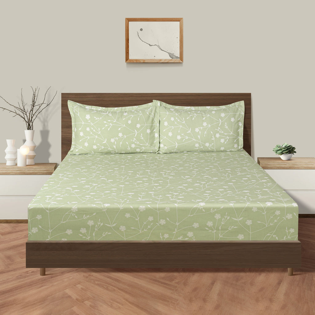 Elegant Sage Green Botanical Pure Cotton 210 TC King Fitted Bedsheet with 2 Pillow Covers (72x78x10 Inches)
