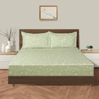 Elegant Sage Green Botanical Pure Cotton 210 TC Super King Bedsheet with 2 Pillow Covers (108x108 Inches)